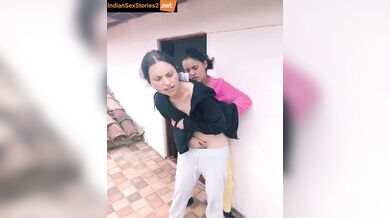 Desi lesbian cousins pussy rubbing on the terrace